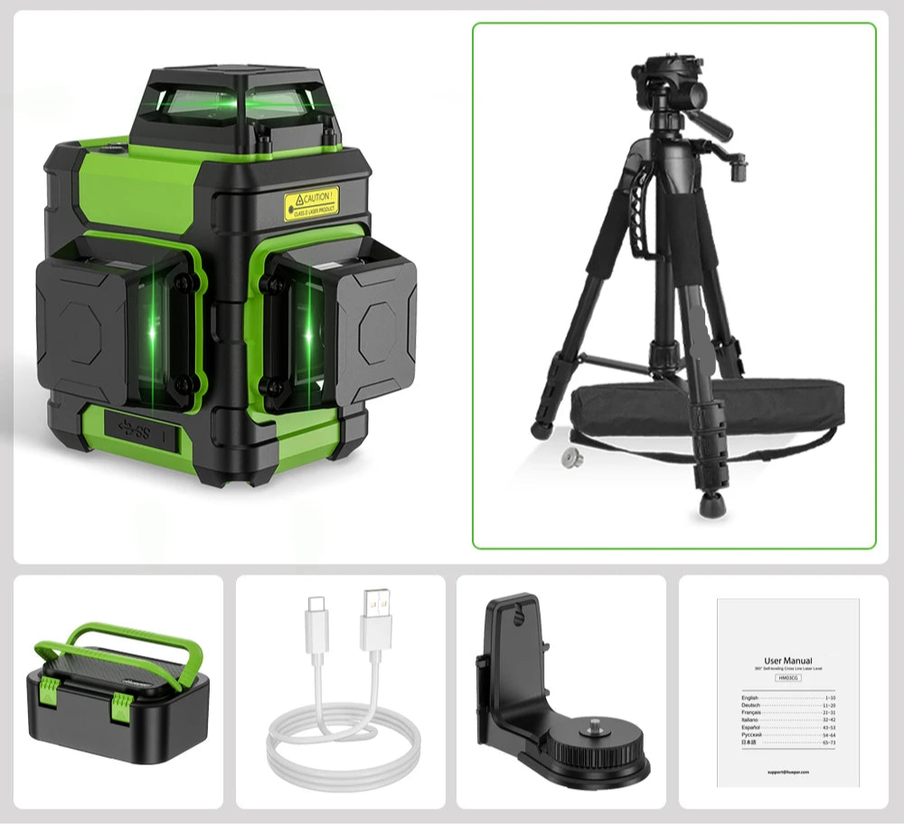 Laserwaterpas – Laserniveau – Kruislijnlaser – Zelfnivellerend – Groene Laser – 12 Lijnen 3x360° – met Statief - USB Type-C Opladen