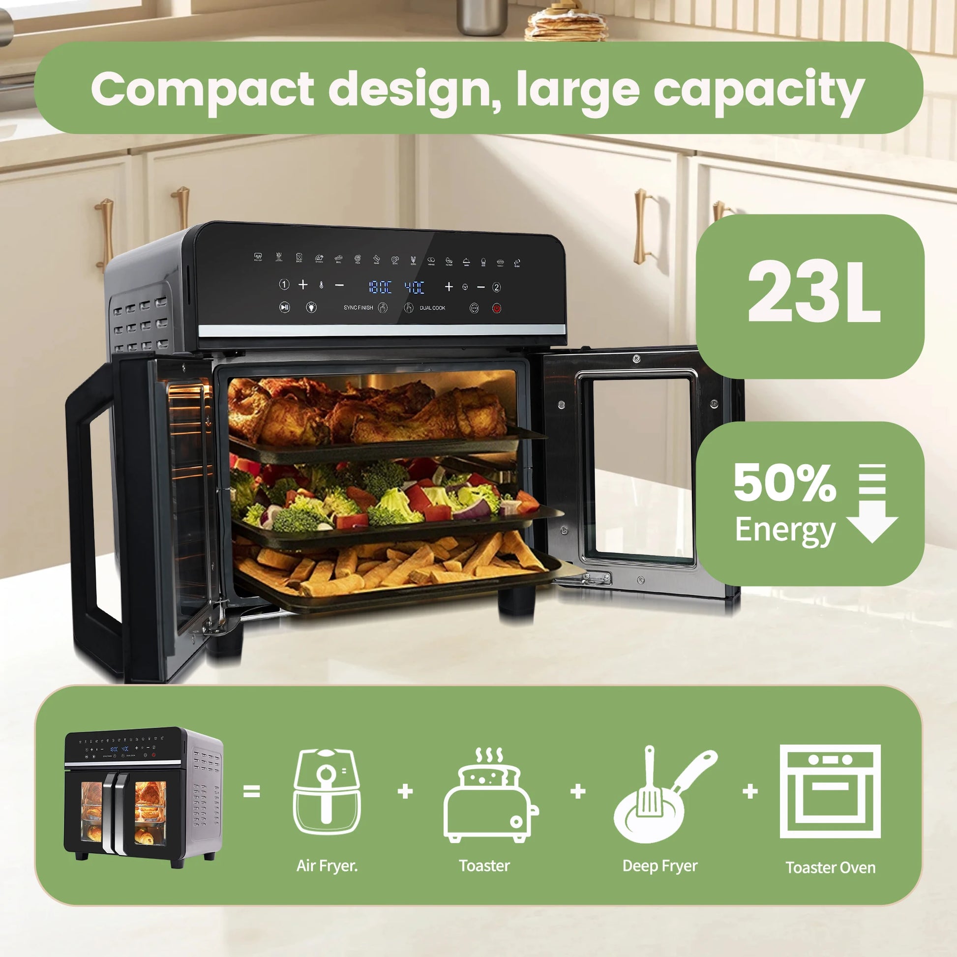 Heteluchtfriteuse – Airfryer - Airfryer Oven XXL - 23L - Dubbele Lades - 2200W - 240V - LED Touchscreen – 15 Programma’s - Kijkvenster - Zwart - QUORE