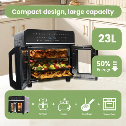 Heteluchtfriteuse – Airfryer - Airfryer Oven XXL - 23L - Dubbele Lades - 2200W - 240V - LED Touchscreen – 15 Programma’s - Kijkvenster - Zwart - QUORE