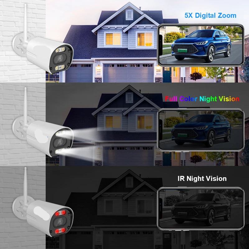 Beveiligingscamerasysteem - Draadloos - 3MP -  8CH NVR en 10.1” LCD - Openlucht- IP66 Waterdichte - Wifi - Bewakingscamera - Beveiligingscamera - Full Color Nachtzicht en Gezichtsdetectie - Zonder Harde Schijf - 4 Stuks - Wit - QUORE