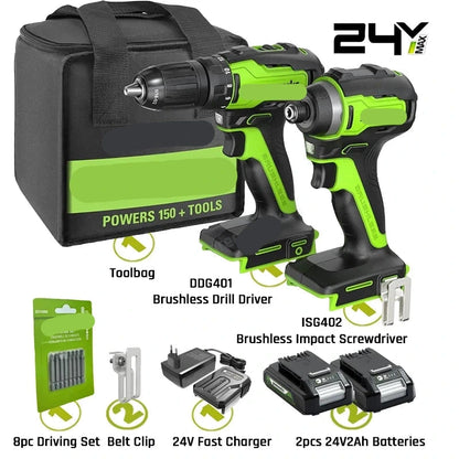 24V Accu Boor- en Slagschroevendraaier Set – Accuboormachine – Klusset – Schroefmachine – Lithium-Ion Accu’s – Brushless Motor – LED Verlichting