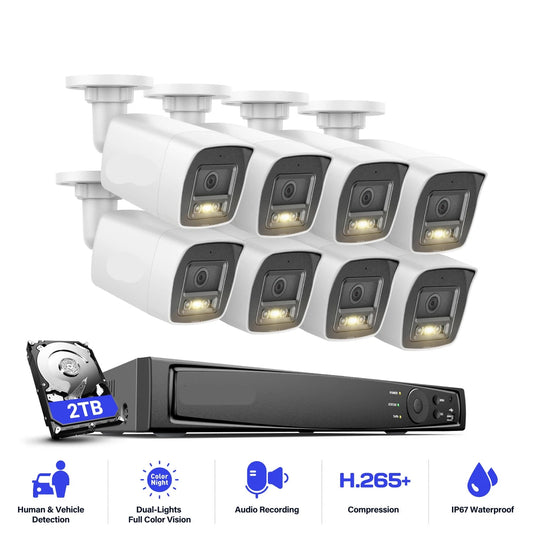Beveiligingscamera's - Camerabewaking - CCTV Camerasysteem - Waterdichte - 12MP - 8CH NVR - Kleur- & IR Nachtzicht – Zonder Geïntegreerde HDD