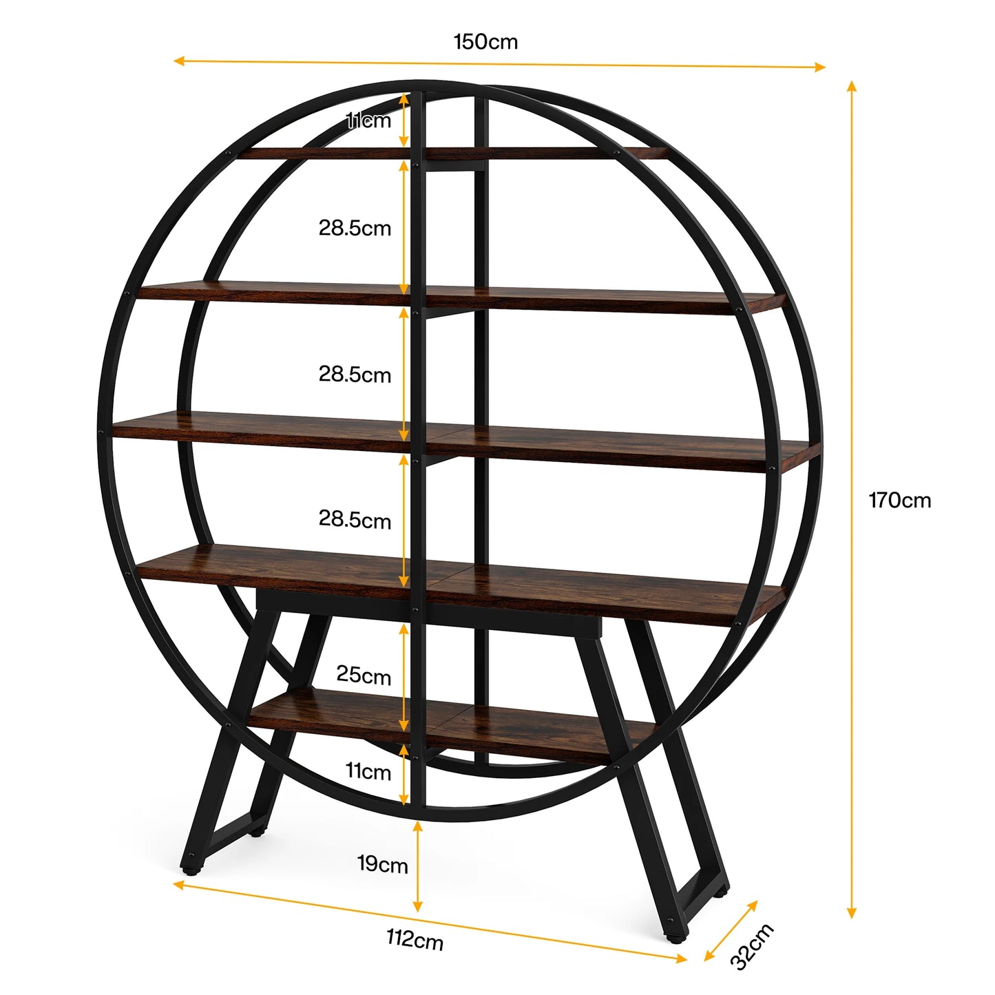 Ronde Boekenkast – Boekenplank – Boekenkast Industrieel – Etagère – Open Kast – 160 cm Hoogte – Metalen Frame en Houten Planken