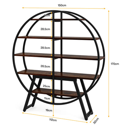 Ronde Boekenkast – Boekenplank – Boekenkast Industrieel – Etagère – Open Kast – 160 cm Hoogte – Metalen Frame en Houten Planken
