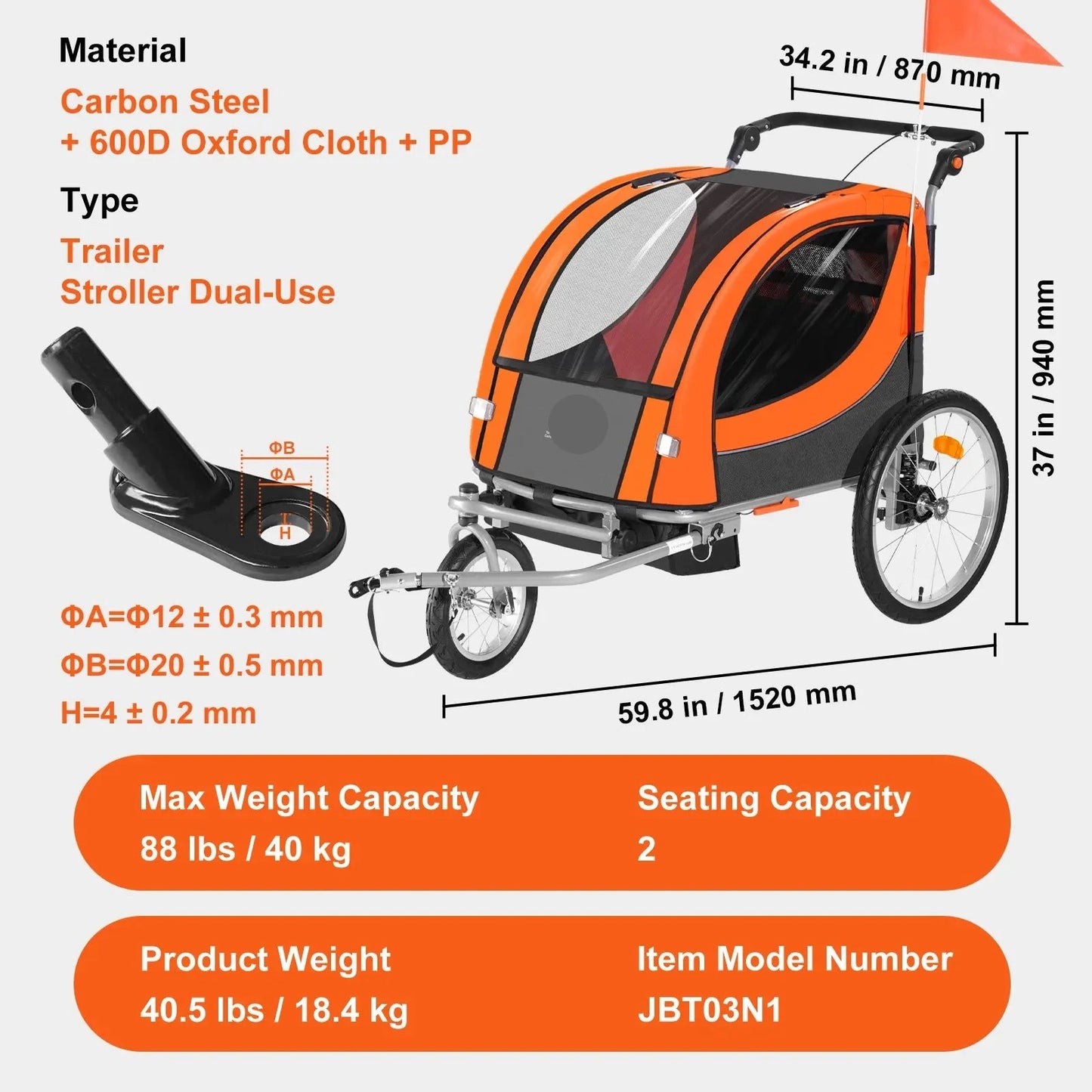 Fietstrailer - Fietskar - Aanhanger Fiets - Fietskar Voor Kinderen - Kinderfietskar - Opvouwbare Kinderwagen - 2-in-1 - 40kg - Vering - Reflectoren - Universele Fiets - voor Peuters en Kleuters