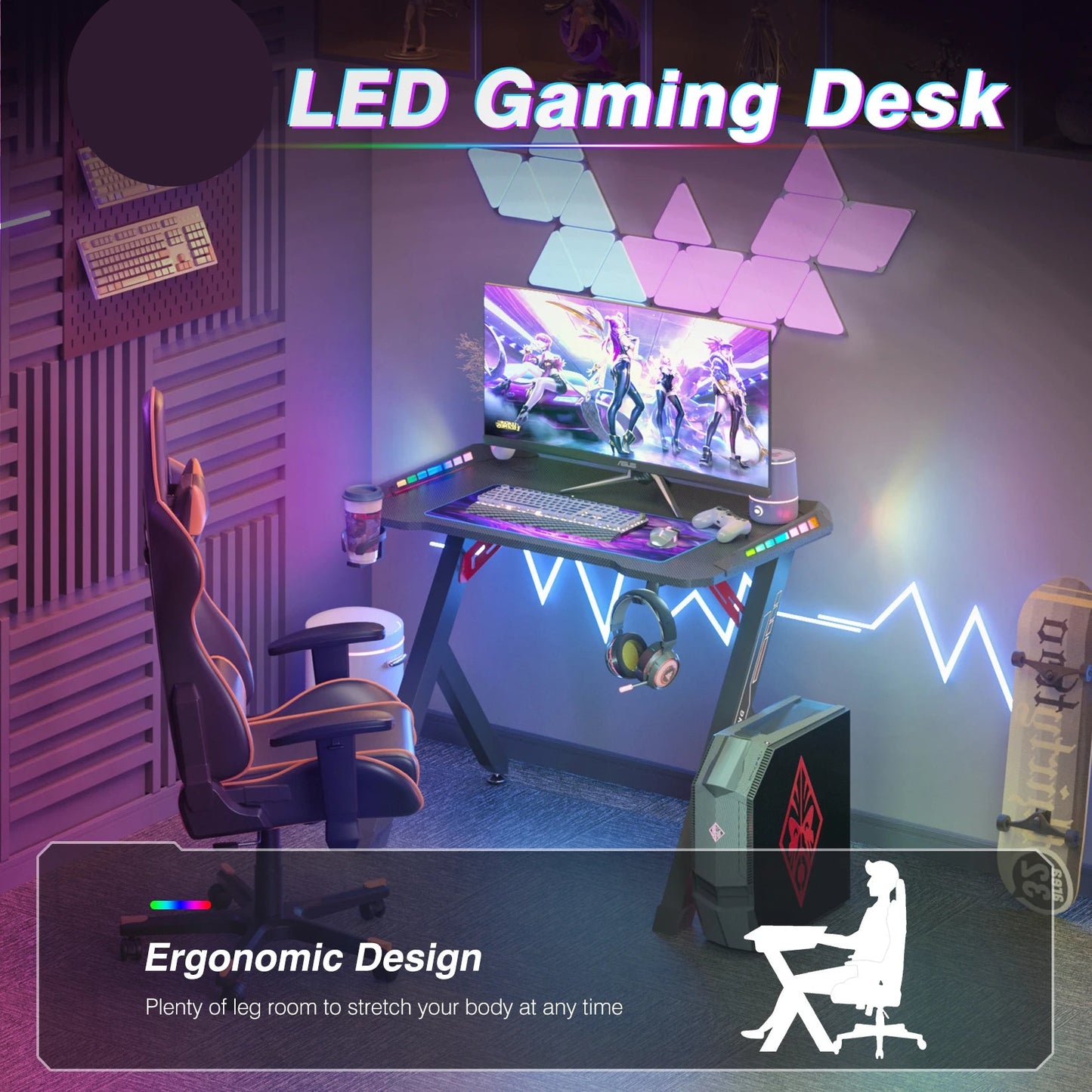 Gaming Bureau - met RGB LED Verlichting - Gaming Tafel - Gaming Desk - Computer Tafel - Computer Bureaua - 100x60x78cm - Metaal & Carbon MDF - Zwart