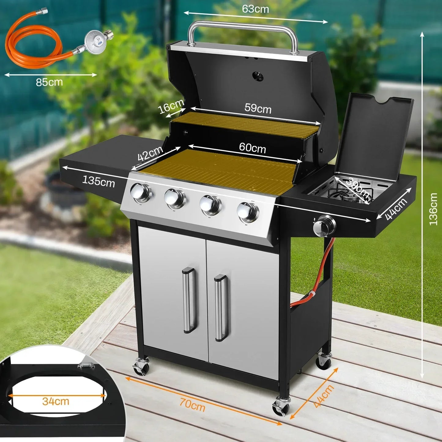 Gasbarbecue - BBQ-grill - Rookloze Barbecue - met Zijbrander - RVS Paneel - Thermometer - Groot Kookoppervlak - 52,000 BTU - 135 x 44 x 136 cm - Zilver