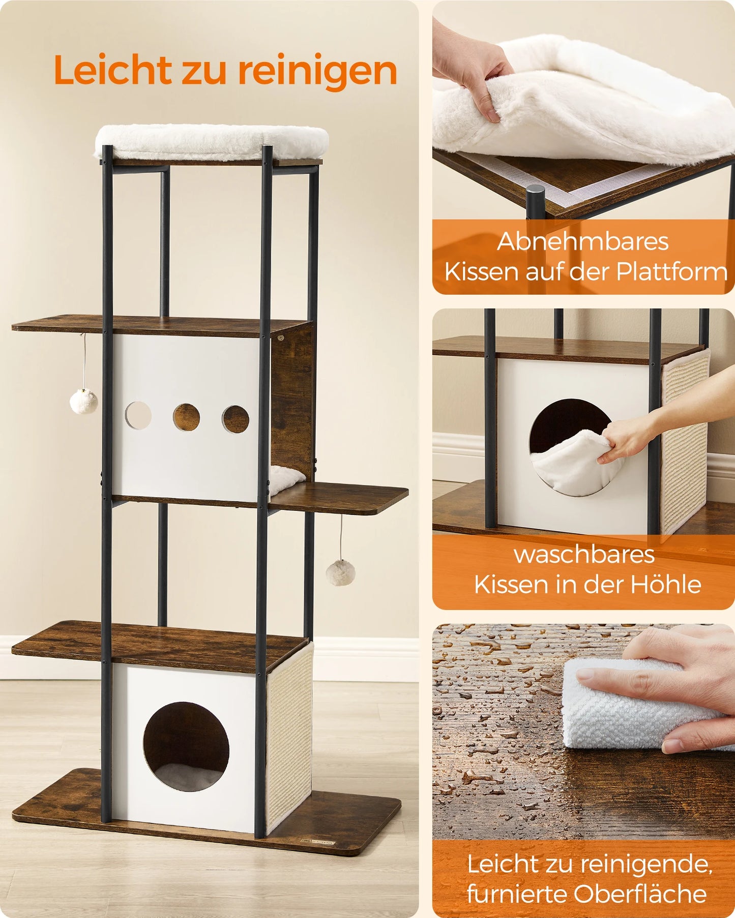 Krabpaal - Kattentoren - met Krabmat - Groot Platform - Perfect voor  Een Dutje Doen - Sporten - Spelen - Spaanplaat - Zacht pluche - 80 x 40 x 153 cm - Bruin/Wit - QUORE