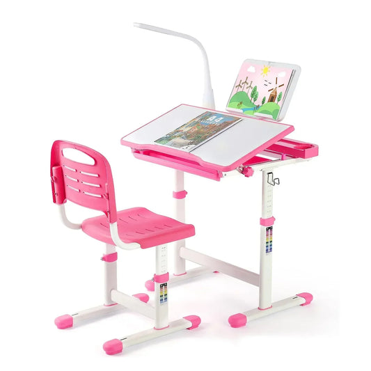 Ergonomisch Kinderbureau – Kinderbureau Met Stoel – Verstelbaar Bureau – LED Leeslamp – Kantelbaar Tafelblad – Met Opberglade