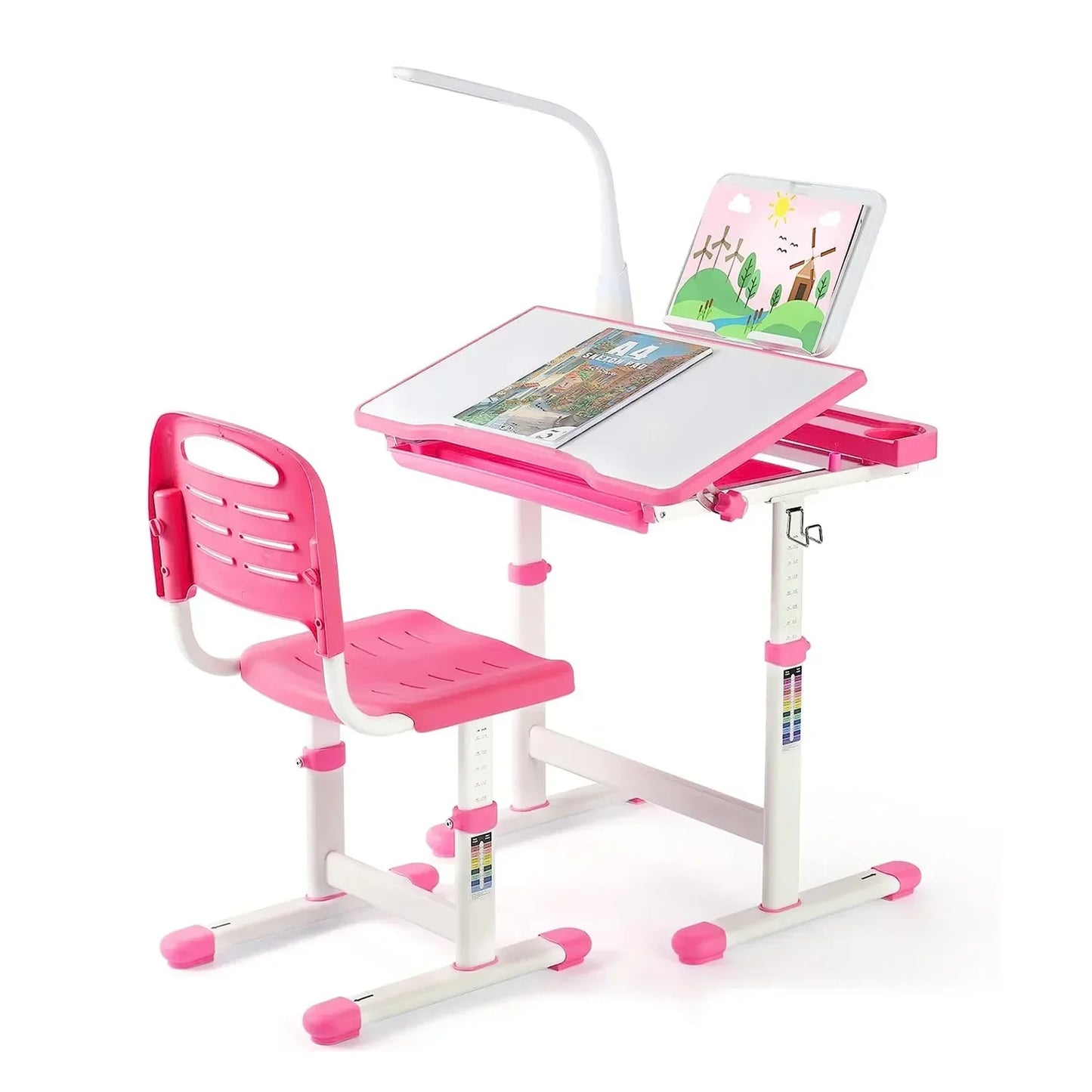 Ergonomisch Kinderbureau – Kinderbureau Met Stoel – Verstelbaar Bureau – LED Leeslamp – Kantelbaar Tafelblad – Met Opberglade - Roze
