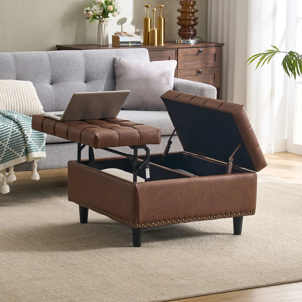 Opbergpoef – Opbergbank – Zitkist – Opbergbox – Hocker – Stevig Massief Houten Frame – Zachte PU-Leren Bekleding – Groot Vierkant – 75x75x41 cm