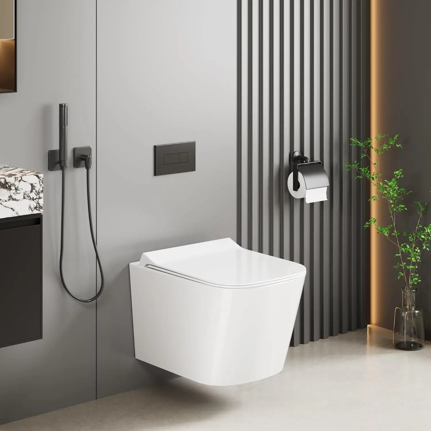 Wandtoilet – Hangend Toilet – Randloos Toilet – Toilet Zonder Rand – Keramisch Toilet – Ultra-Dunne Deksel – Soft-Close Sluiting – Waterbesparende Spoeling - QUORE