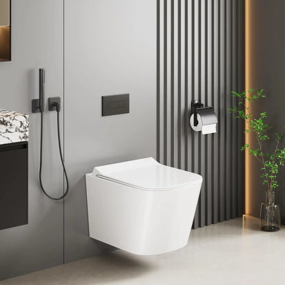 Wandtoilet – Hangend Toilet – Randloos Toilet – Toilet Zonder Rand – Keramisch Toilet – Ultra-Dunne Deksel – Soft-Close Sluiting – Waterbesparende Spoeling - QUORE