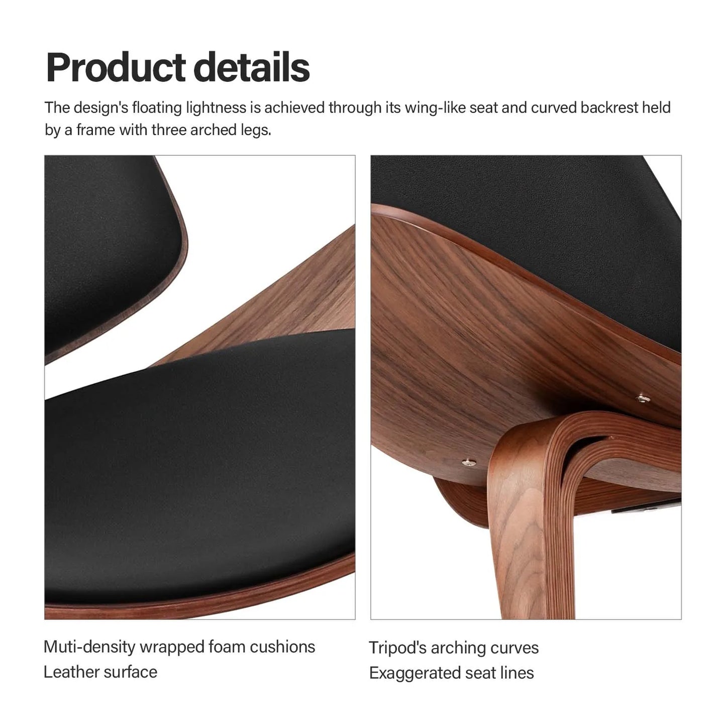 Driepoot Shell Chair – Moderne Stoel – Zitzak Stoel – Design Stoel – Woonkamerstoel – Houten Frame – Zachte Schuimvulling
