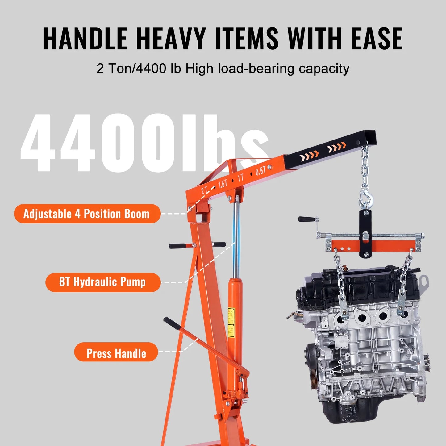 VEVOR Hydraulic Engine Hoist with Lever 2 Ton/4400 LBS Foldable Engine Crane and Engine Hoist Leveler for Auto Repair, Loading