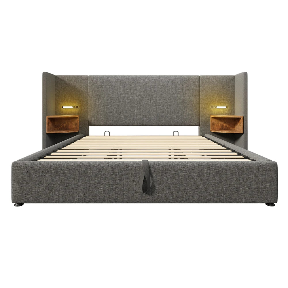 Led Bed – Tweepersoonsbed – Gestoffeerd Bed – Opbergbed – Slaapbank – 180x200 cm – Linnen Materiaal – USB & 16-Kleuren LED Verlichting - QUORE