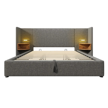 Led Bed – Tweepersoonsbed – Gestoffeerd Bed – Opbergbed – Slaapbank – 180x200 cm – Linnen Materiaal – USB & 16-Kleuren LED Verlichting - QUORE