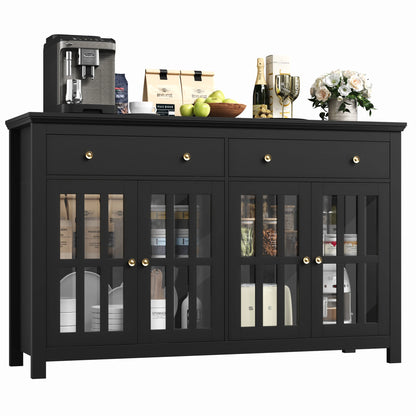 Sideboard – Dressoir – Buffetkast – Opbergkast – Kast – Zwart – 140x40x91 cm – Verstelbare Planken & Glazen Deuren
