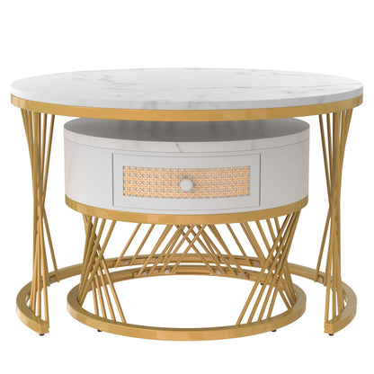 Salontafel – Koffietafel – Bijzettafel – Tafeltje – Tafelset – MDF Marmerlook Blad – Gouden Metalen Poten – 2-in-1 Set Met Lade – Afm. 70x70x45,5 & 50x50x38,5 cm