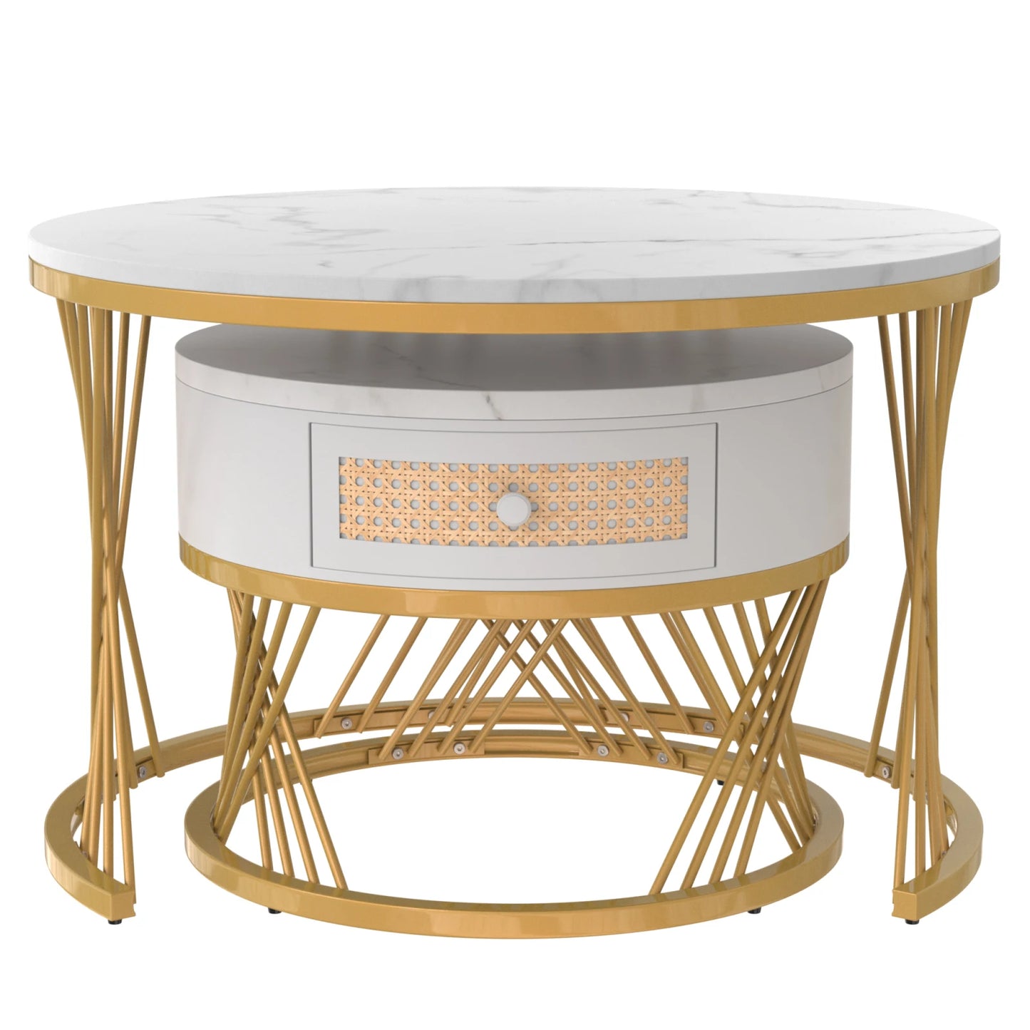 Salontafel – Koffietafel – Bijzettafel – Woonkamertafel – Tafeltje – Set Van 2 – MDF Met Marmerprint – Gouden Metalen Poten Met Lade