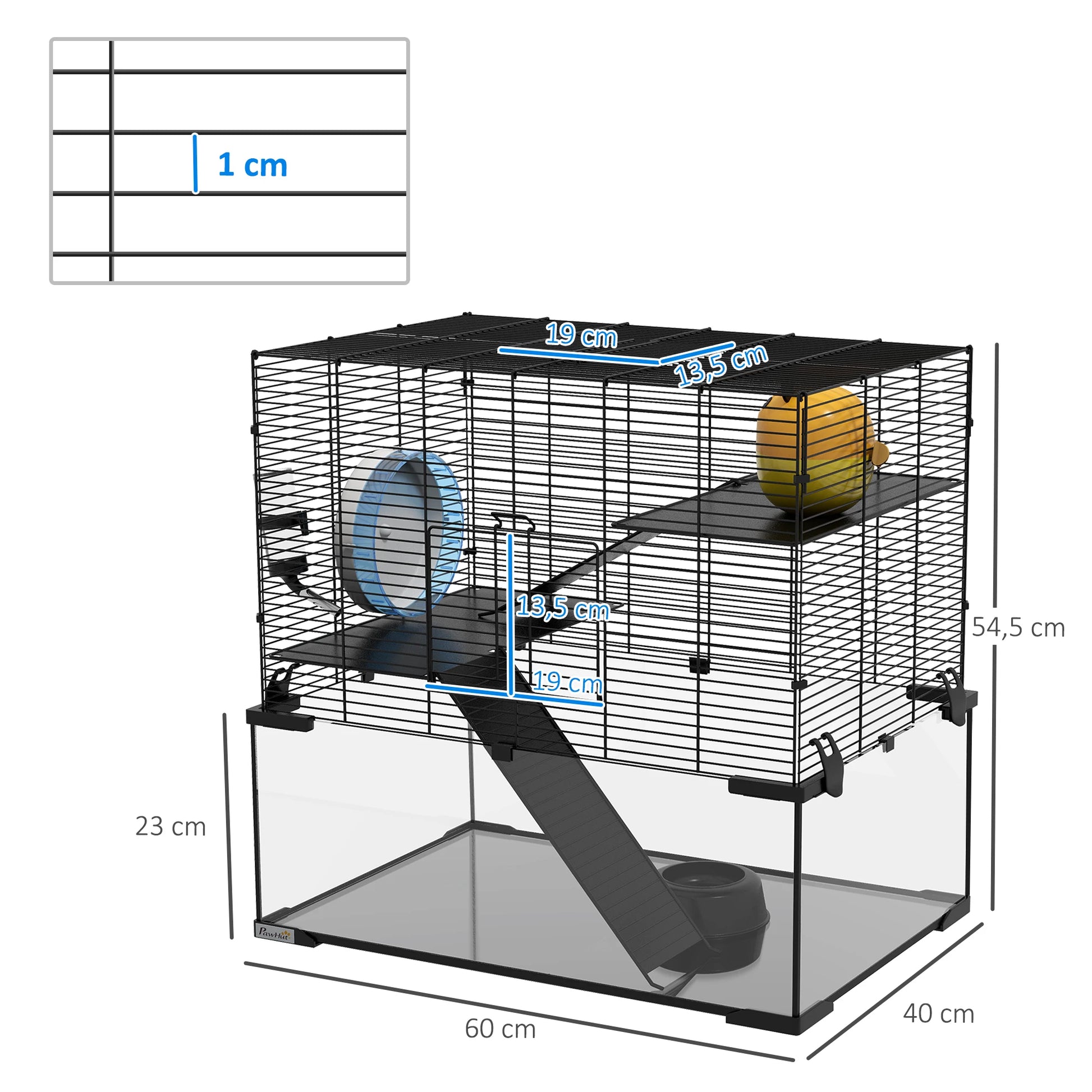Hamsterkooi – Knaagdierenkooi – Hamsterhok – Dwerghamster Kooi – Hamsterhuis – 3-laags Ontwerp – Glazen Bodem - 60 x 40 x 54,5 cm - Zwart - QUORE