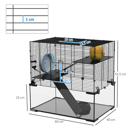 Hamsterkooi – Knaagdierenkooi – Hamsterhok – Dwerghamster Kooi – Hamsterhuis – 3-laags Ontwerp – Glazen Bodem - 60 x 40 x 54,5 cm - Zwart - QUORE