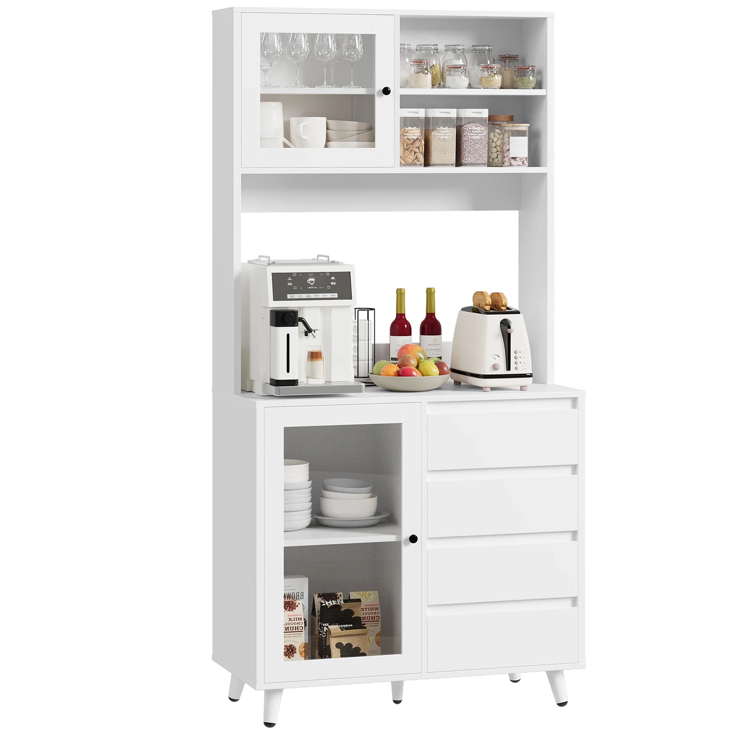 Hoge keukenkast – keukenkastje – voorraadkast – buffetkast – kast met lades – 180 cm hoog – MDF wit met glazen deuren en werkblad