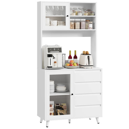 Hoge keukenkast – keukenkastje – voorraadkast – buffetkast – kast met lades – 180 cm hoog – MDF wit met glazen deuren en werkblad
