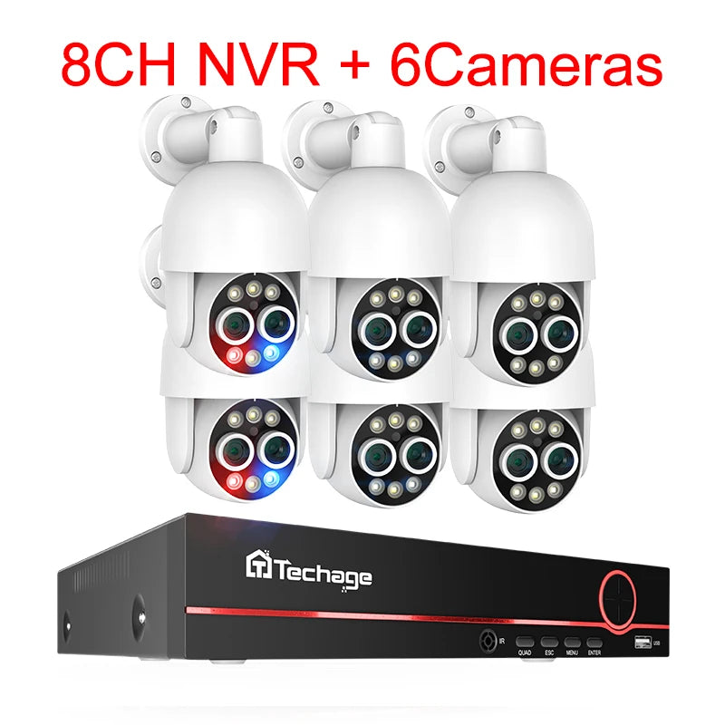 Techage 8CH Dual Lens 4MP+4MP PTZ POE Camera System 8X Mix Zoom Human Detection H.265 AI CCTV Video Security Kit Colorful Night