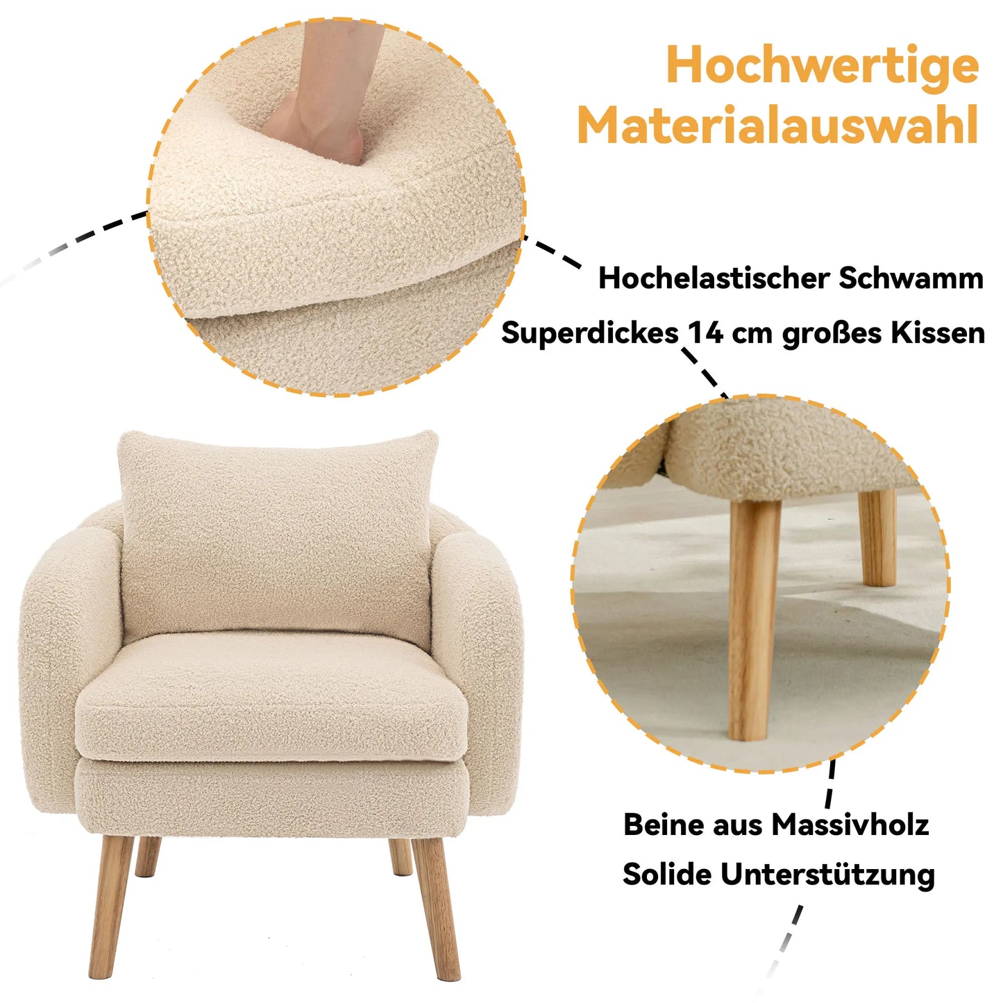 Fauteuil – Teddyvelours Stoel – Lounge Stoel – Relaxfauteuil – Zachte Bekleding – 14 Cm Dikke Zitting – Houten Constructie - 71 x 72 x 79 cm - Beige