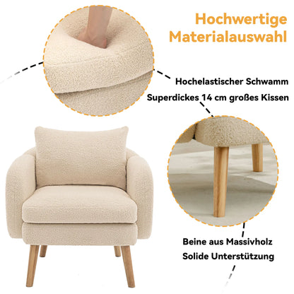 Fauteuil – Teddyvelours Stoel – Lounge Stoel – Relaxfauteuil – Zachte Bekleding – 14 Cm Dikke Zitting – Houten Constructie - 71 x 72 x 79 cm - Beige
