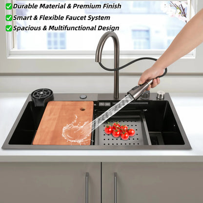 Ruime Keukenspoelbak – Dubbele Spoelbak – Werkstation Spoelbak – Keukenbak – RVS Spoelbak – Digitale Waterval Kraan – Uittrekbare Sproeikop – 80 x 46 cm – Nano Elektrolytische Coating