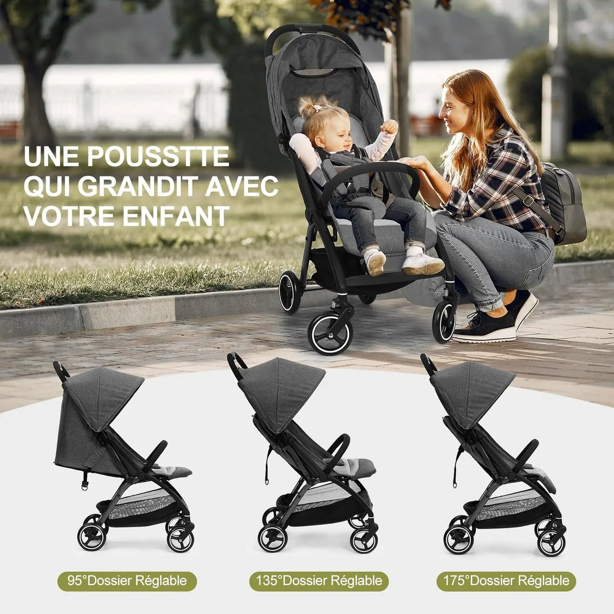 kinderwagen - Jogging buggy - Runner - Lichtgewicht kinderwagen - Baby kinderwagen - Kinderwagen - Automatisch zelf opvouwbaar - Reiskinderwagen voor vliegtuig - Opvouwbaar met één hand - Kinderwagen voor peuters - Grijs