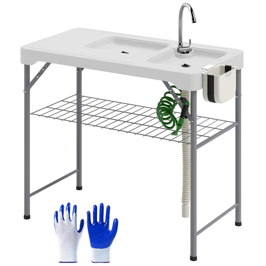 Draagbare Vis- En Campingtafel – Inklapbare Tafel – Spoelbaktafel – Buiten Tafel – HDPE Waterbestendig – Met Kraan En Opbergruimte - 108 x 58 x 92 cm - Wit