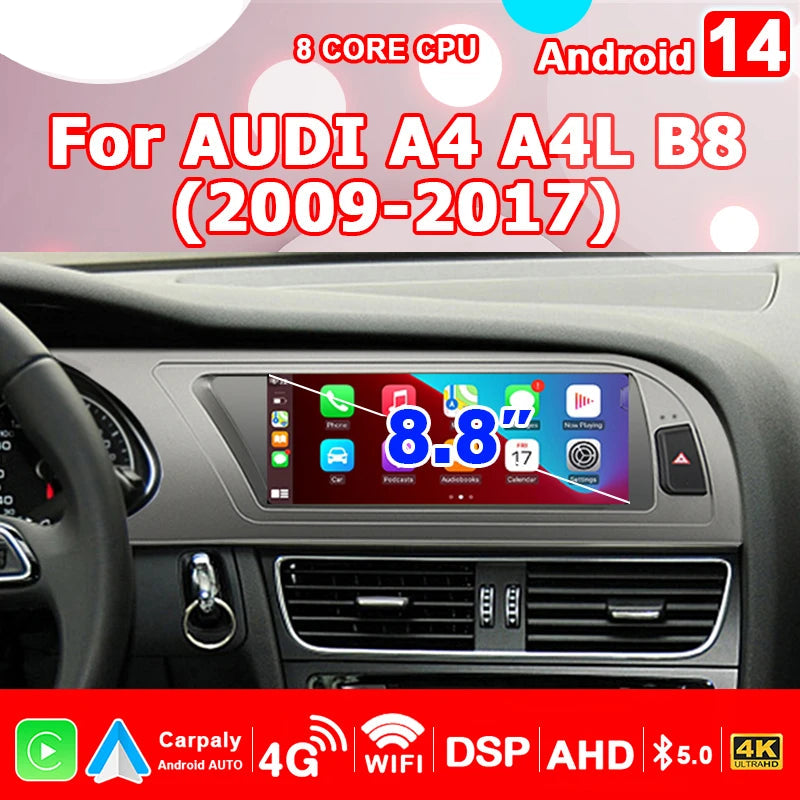 8.8'' Android 14 Autoradio – Multimedia Speler – 2-DIN Navigatie – Carplay Radio – 4G LTE Connectiviteit – 8GB RAM – 256GB Opslag