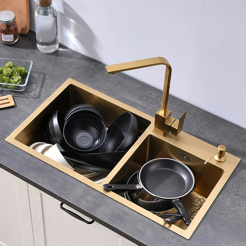 Dubbele Spoelbak – Keukenspoelbak – Opbouw Spoelbak – Gouden Spoelbak – RVS Spoelbak – 75x40 cm – 304 Roestvrij Staal – Inclusief Mandje en Zeeppompje