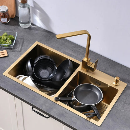 Dubbele Spoelbak – Keukenspoelbak – RVS Spoelbak – Gouden Spoelbak – Dubbele Kom – 75x40 cm – 304 Roestvrij Staal – Ingebouwde Zeef & Zeeppompje