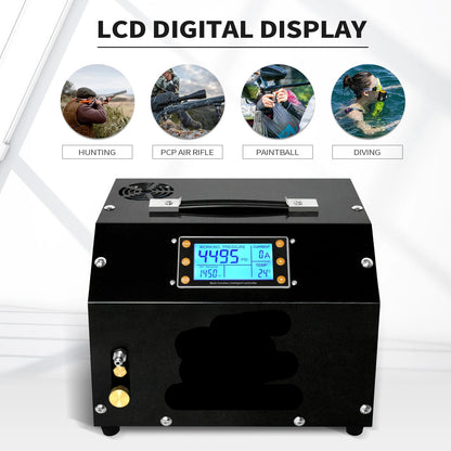 Luchtcompressor - Luchtcompressor Bandenpomp - Airpress Compressor - met LCD-scherm - Digitaal Besturingssysteem - 300Bar - 4500Psi PCP - 220V - met Ingebouwde 12V Draagbare Stroomadapter Ventilator