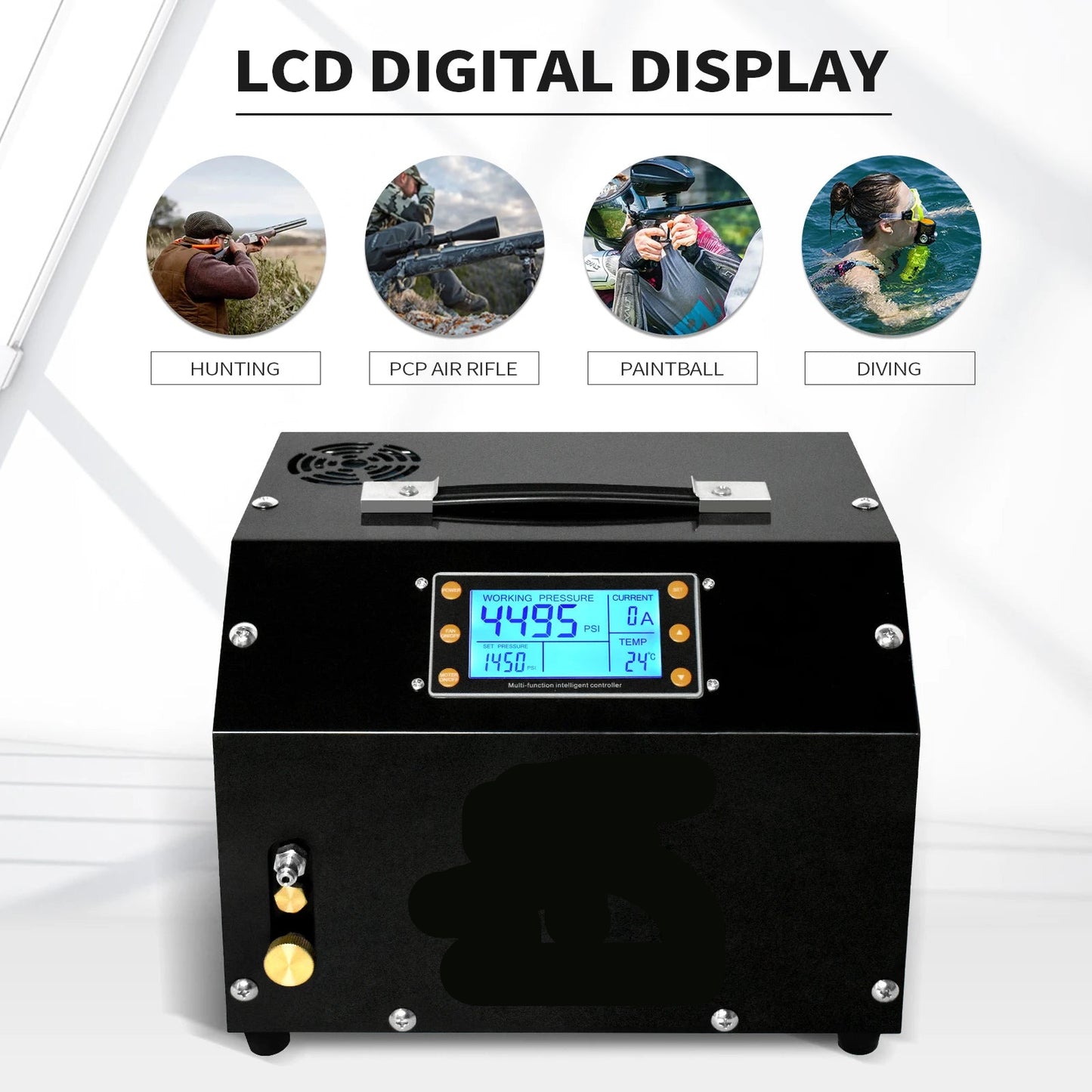 Luchtcompressor - Luchtcompressor Bandenpomp - Airpress Compressor - met LCD-scherm - Digitaal Besturingssysteem - 300Bar - 220V - met Ingebouwde 12V Draagbare Stroomadapter Ventilator