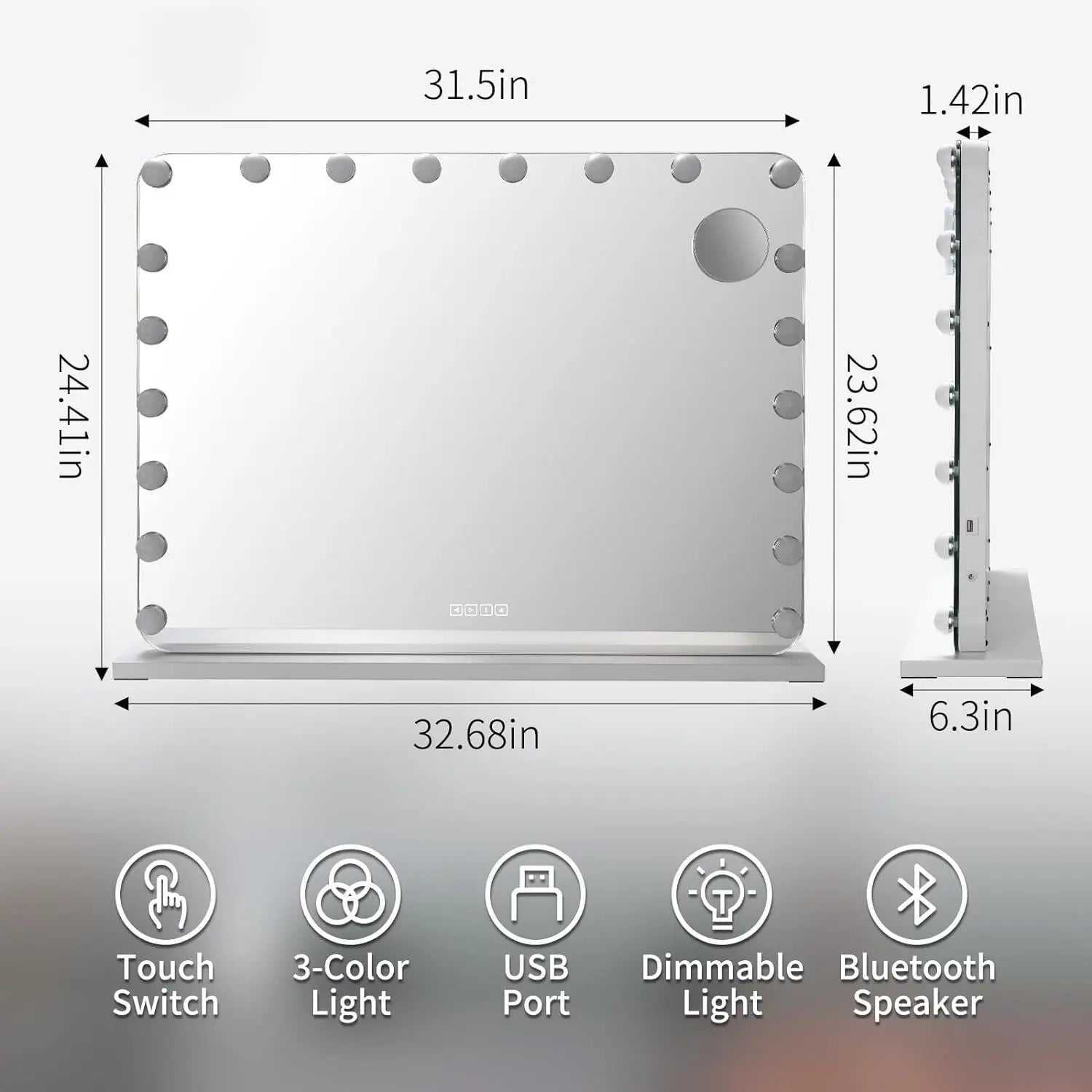 Make up Spiegel - Spiegel - Hollywood Spiegel - Badkamerspiegel - Spiegel met LED Verlichting - Smart Spiegel -  80x60cm – 20 LED Lampen, Bluetooth Speaker, USB & Touchbediening - QUORE