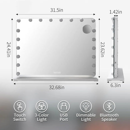 Make up Spiegel - Spiegel - Hollywood Spiegel - Badkamerspiegel - Spiegel met LED Verlichting - Smart Spiegel -  80x60cm – 20 LED Lampen, Bluetooth Speaker, USB & Touchbediening - QUORE