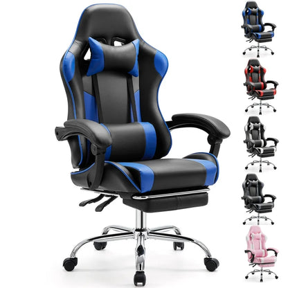 Gaming Stoel - Bureaustoel - Verstelbare Zithoogte - Comfortabel PU Leer - Met Hoofdsteun en Lendensteun - 360° Draaibare Wielen - Duurzaam Metalen Onderstel - Kantoor en Gaming - Blauw - QUORE