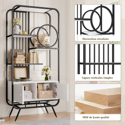Metalen Rek – Opbergkast – Boekenplank – Wandmeubel – Sierrek – 180 cm Hoog – Zwart Metaal & Wit MDF – Dubbele Deuren – Ronde Hoeken