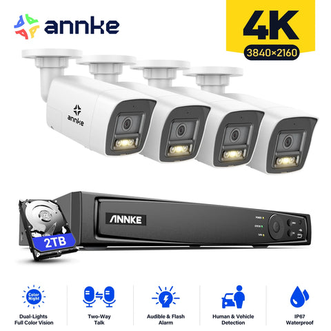 Annke - N48PAW-91DH - Beveiligingscamerasysteem - 8CH POE 8MP - Openlucht - Bewakingscamera - Beveiligingscamera - NTSC,PAL - Beveiligingscamerasysteem - 4 stuk - Wit