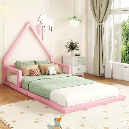 Kinderbed - Plat Bed - Huisvorm - Massief Grenen - Eenvoudige Vorm - 90*200 cm - Roze