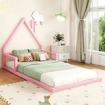 Kinderbed - Plat Bed - Huisvorm - Massief Grenen - Eenvoudige Vorm - 90*200 cm - Roze