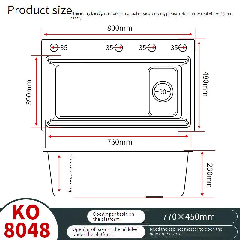 RVS Spoelbak – Keukenspoelbak – Afwasbak – Enkelvoudige Spoelbak – Grote Spoelbak 80x48 cm – Roestvrij Staal 304 – Geborstelde Afwerking