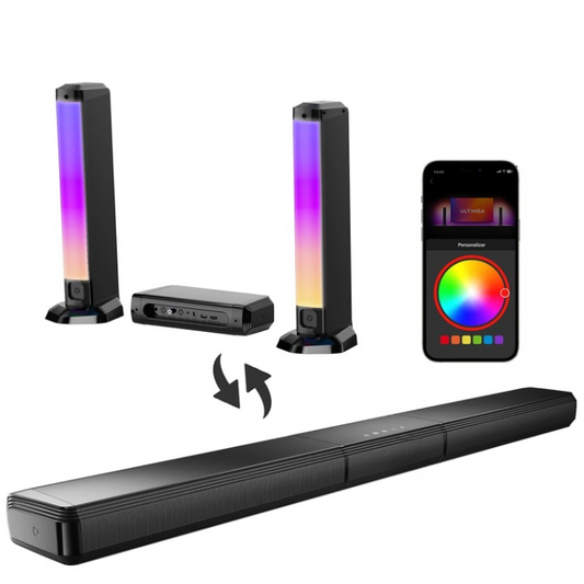 Soundbar - Soundbars voor TV en Theater - Soundbar met Subwoofer - 5.0ch - Sound Bar voor Smart TV - PC - Met RGB-verlichting - Afneembare - Met App-bediening - HDMI - ARC - OPT - AUX - EU Stekker -  Zwart - QUORE