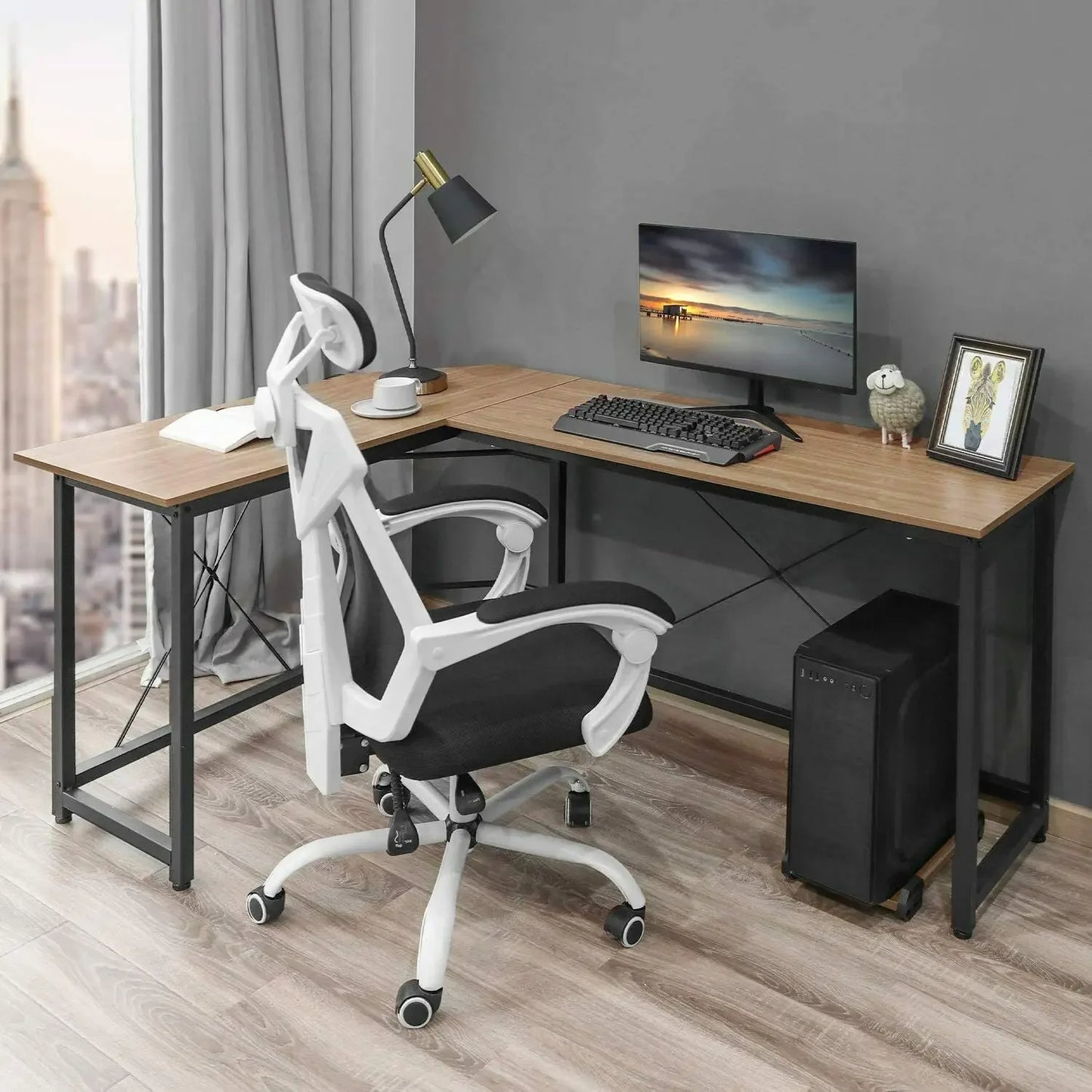 L-vormige Bureau - 170cm - Gaming - Werkstation Tafel - Bevestigingshaak - Stabiele Constructie - Metalen frame - 170x120 x75cm - Kastanjie - QUORE