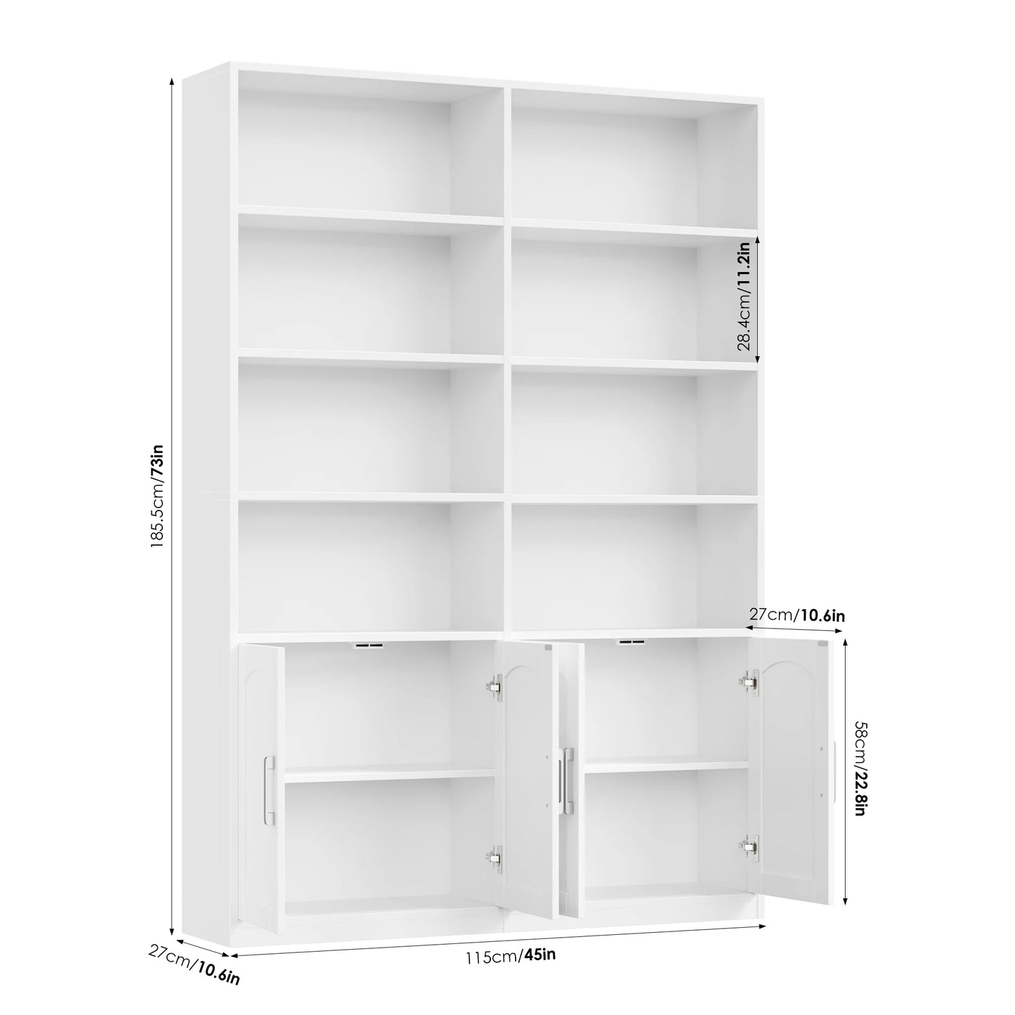 Boekenkast – Boekrek – Opbergkast – Woonkamerkast – Kantoorkast – Slank Wit Design – 12 Vakken Met 4 Deuren - QUORE